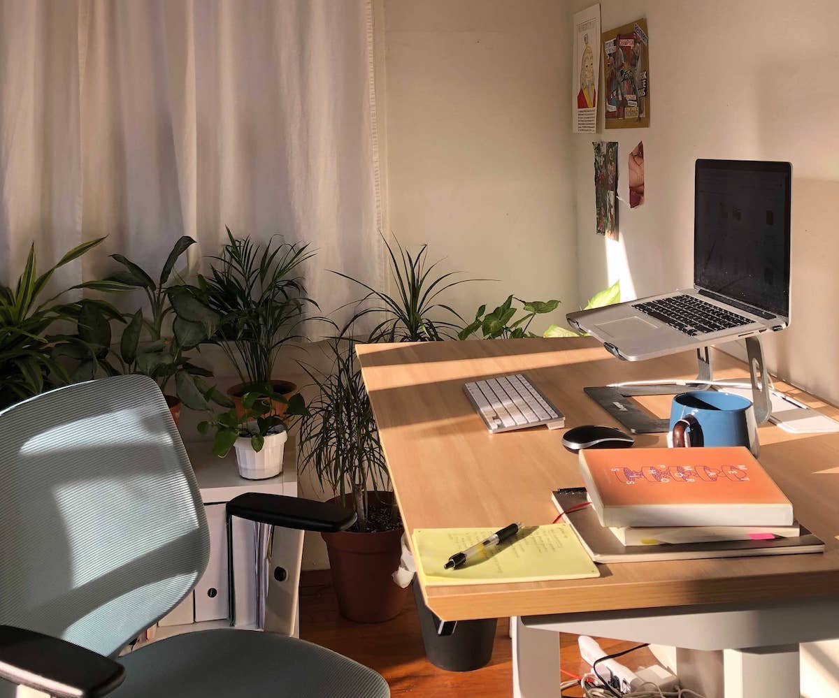 standing desk with laptop setup